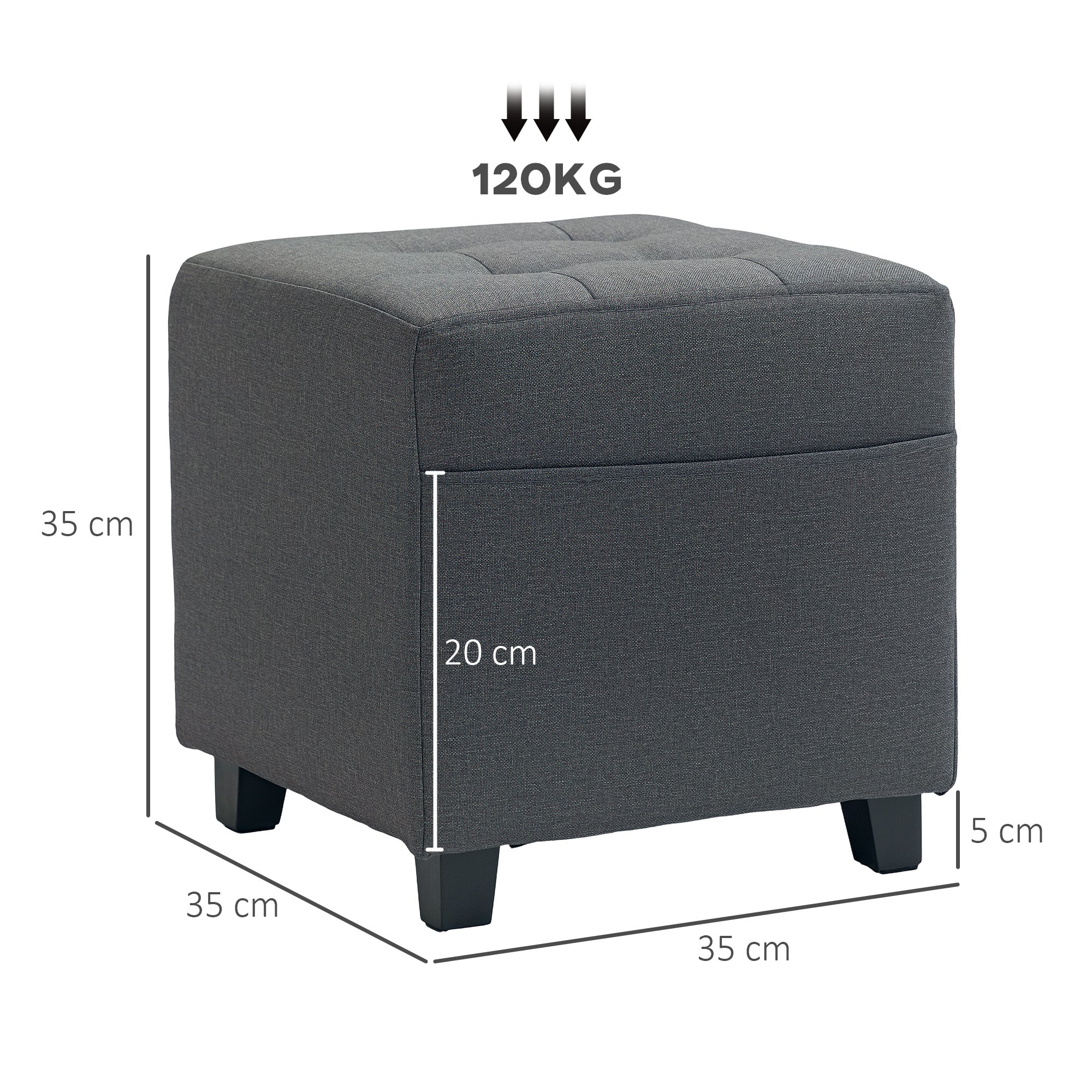 HOMCOM Square Footstool, Small Ottoman with Side Pocket, Linen Fabric Footrest Foot Stool with Rubber Wood Legs and Padded Seat for Living Room, Bedroom, Entryway, 35 x 35 x 35cm, Grey